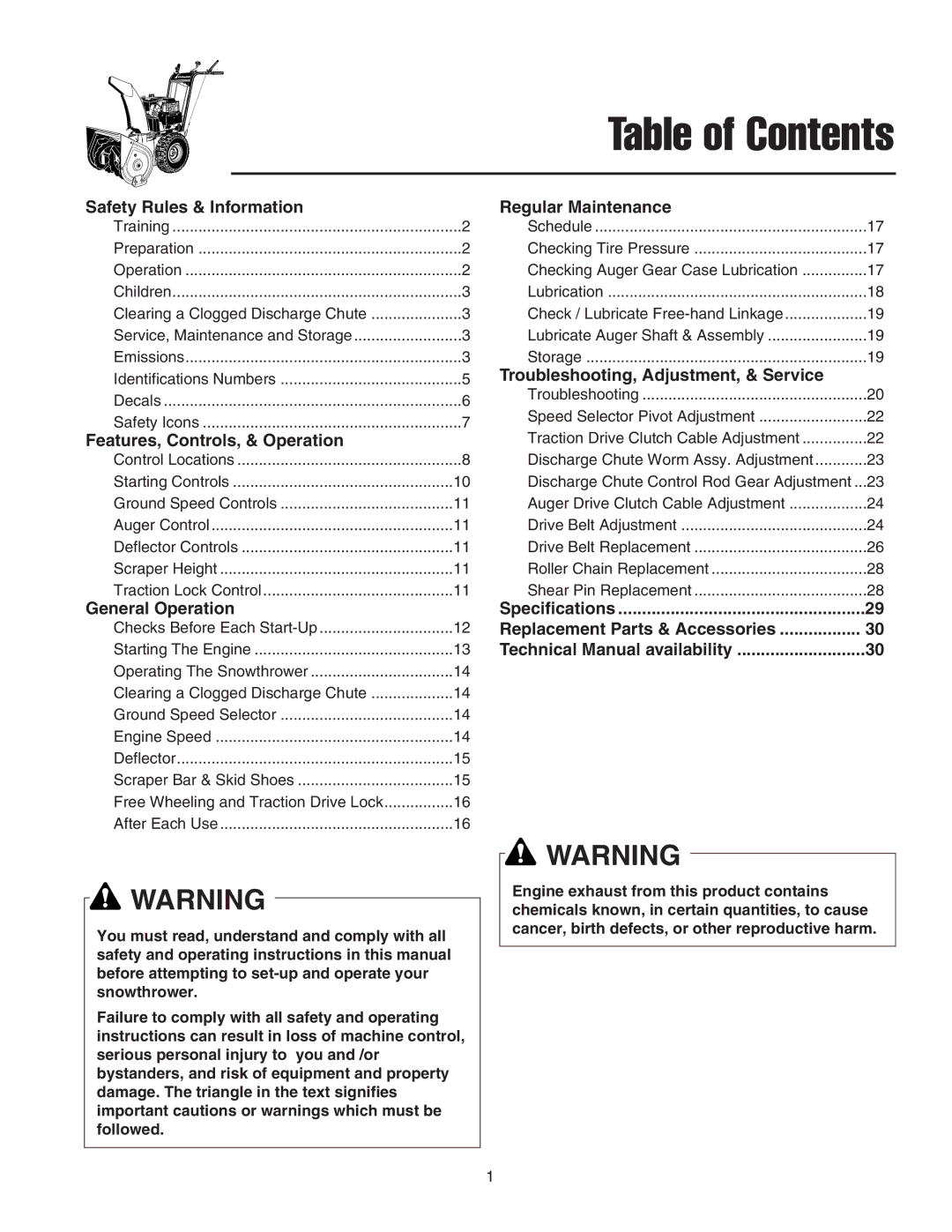 Snapper 555M, 555M, 15225, E15225, 18245E, E18245, 860E, 860M manual Table of Contents 