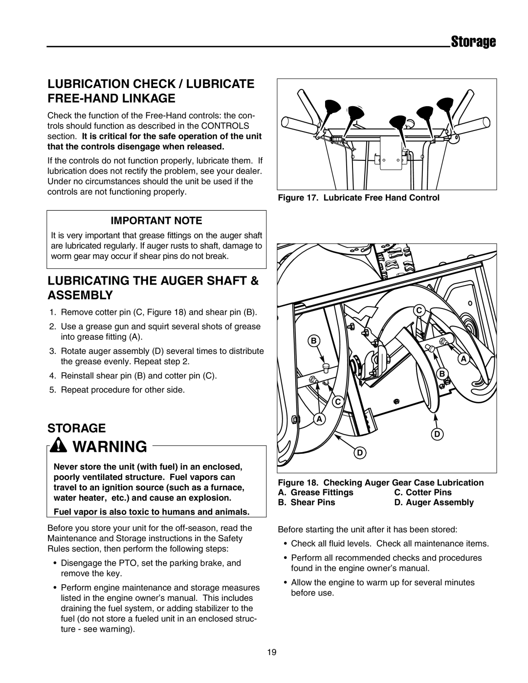 Snapper 555 manual Storage, Lubrication Check / Lubricate FREE-HAND Linkage, Lubricating the Auger Shaft & Assembly 