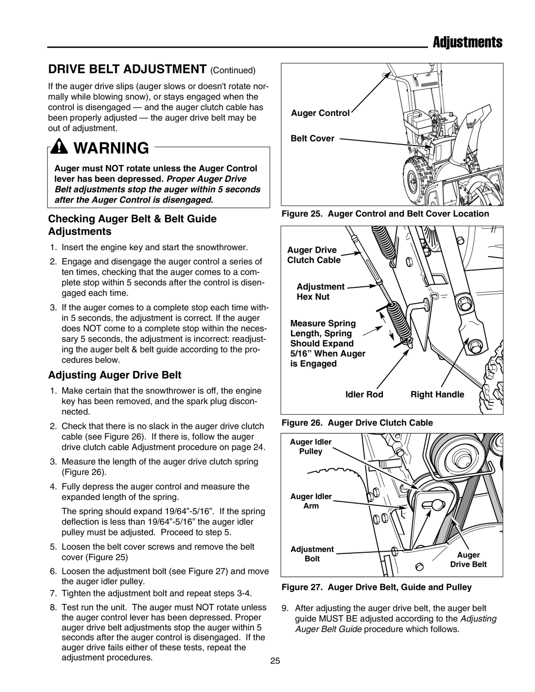 Snapper 555 manual Checking Auger Belt & Belt Guide Adjustments, Adjusting Auger Drive Belt 