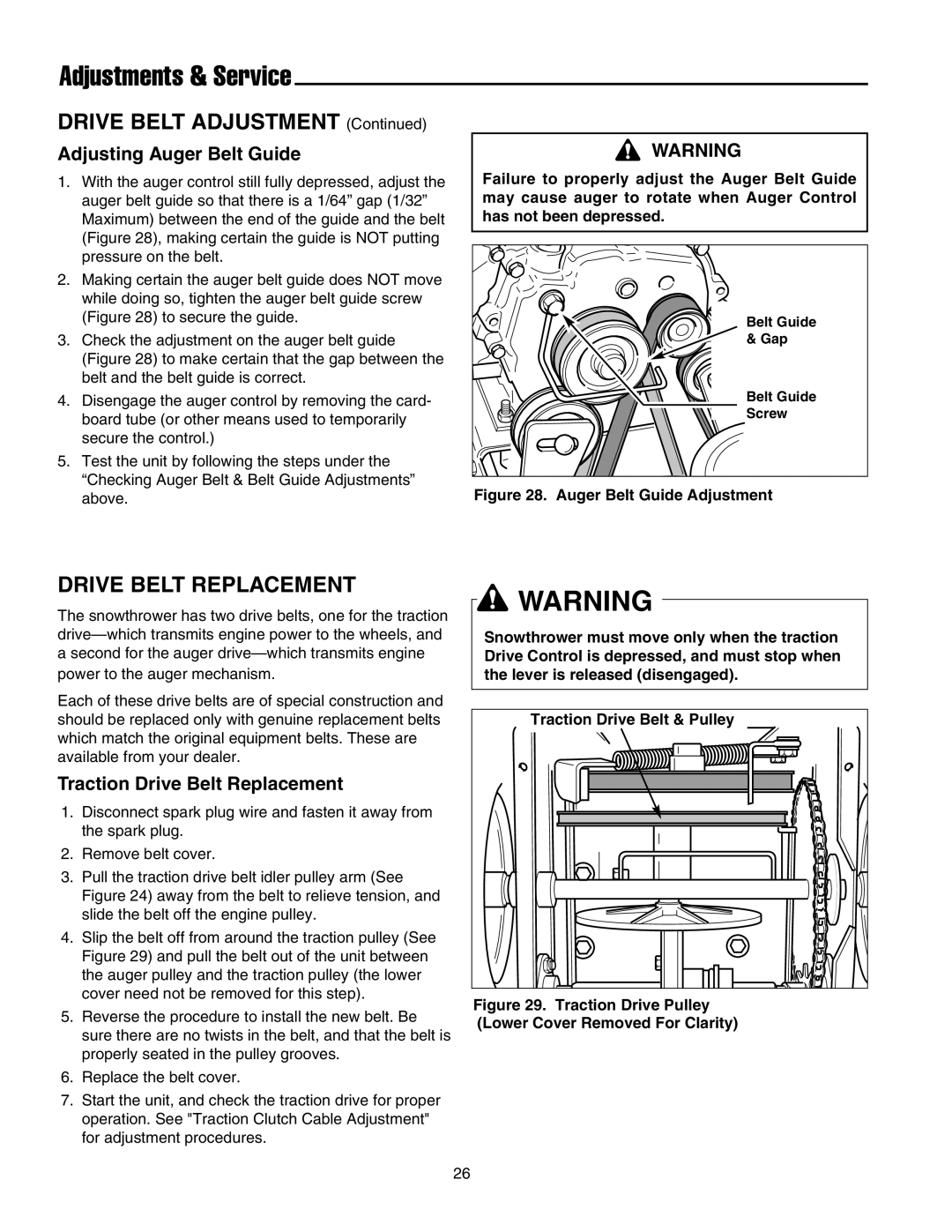 Snapper 555M, 555M, 15225, E15225, 18245E, E18245, 860E, 860M manual Adjustments & Service, Drive Belt Replacement 