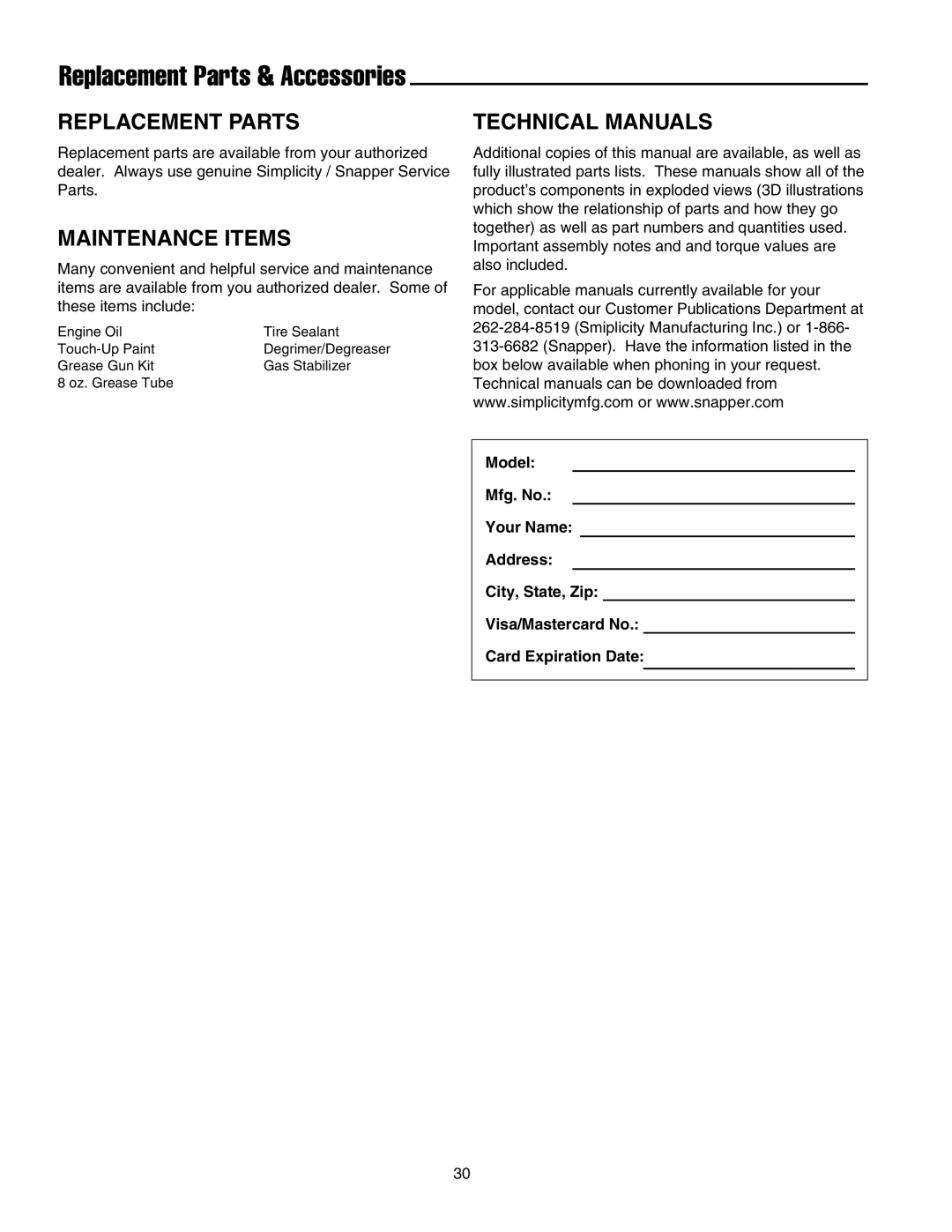 Snapper 555M, 555M, 15225, E15225, 18245E, E18245, 860E, 860M Replacement Parts, Maintenance Items, Technical Manuals 