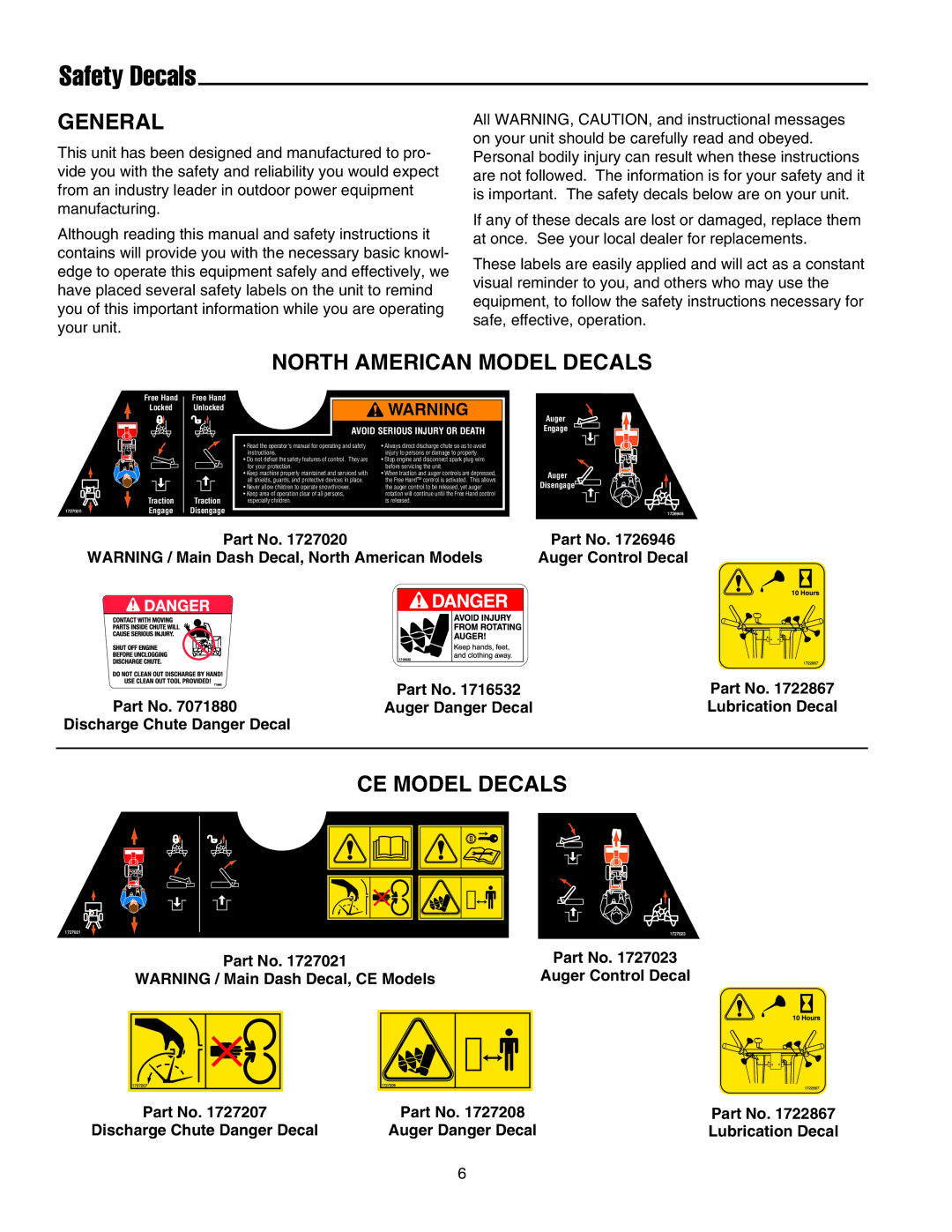 Snapper 555M, 555M, 15225, E15225, 18245E, E18245, 860E, 860M manual Safety Decals, General, North American Model Decals 