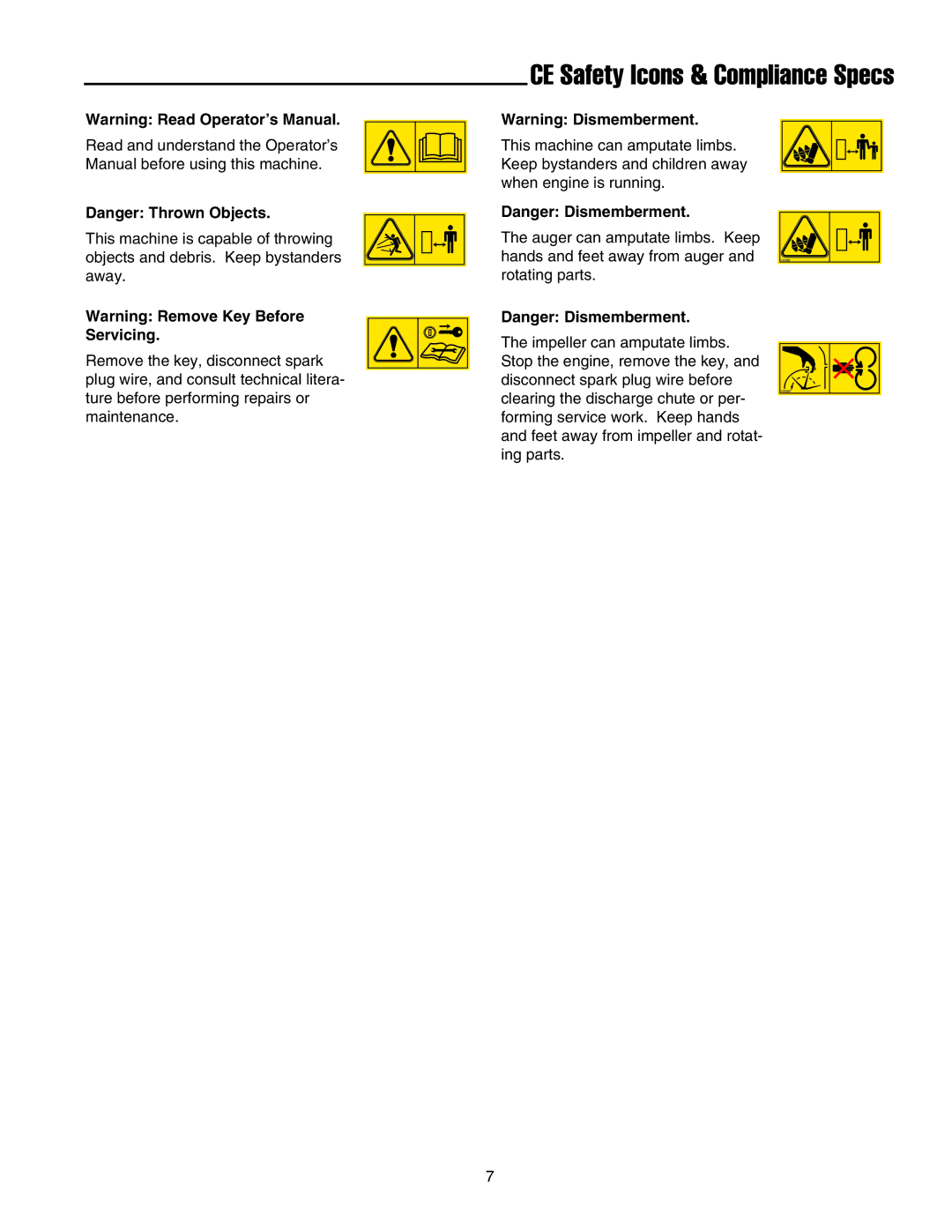 Snapper 555M, 555M, 15225, E15225, 18245E, E18245, 860E, 860M manual CE Safety Icons & Compliance Specs 