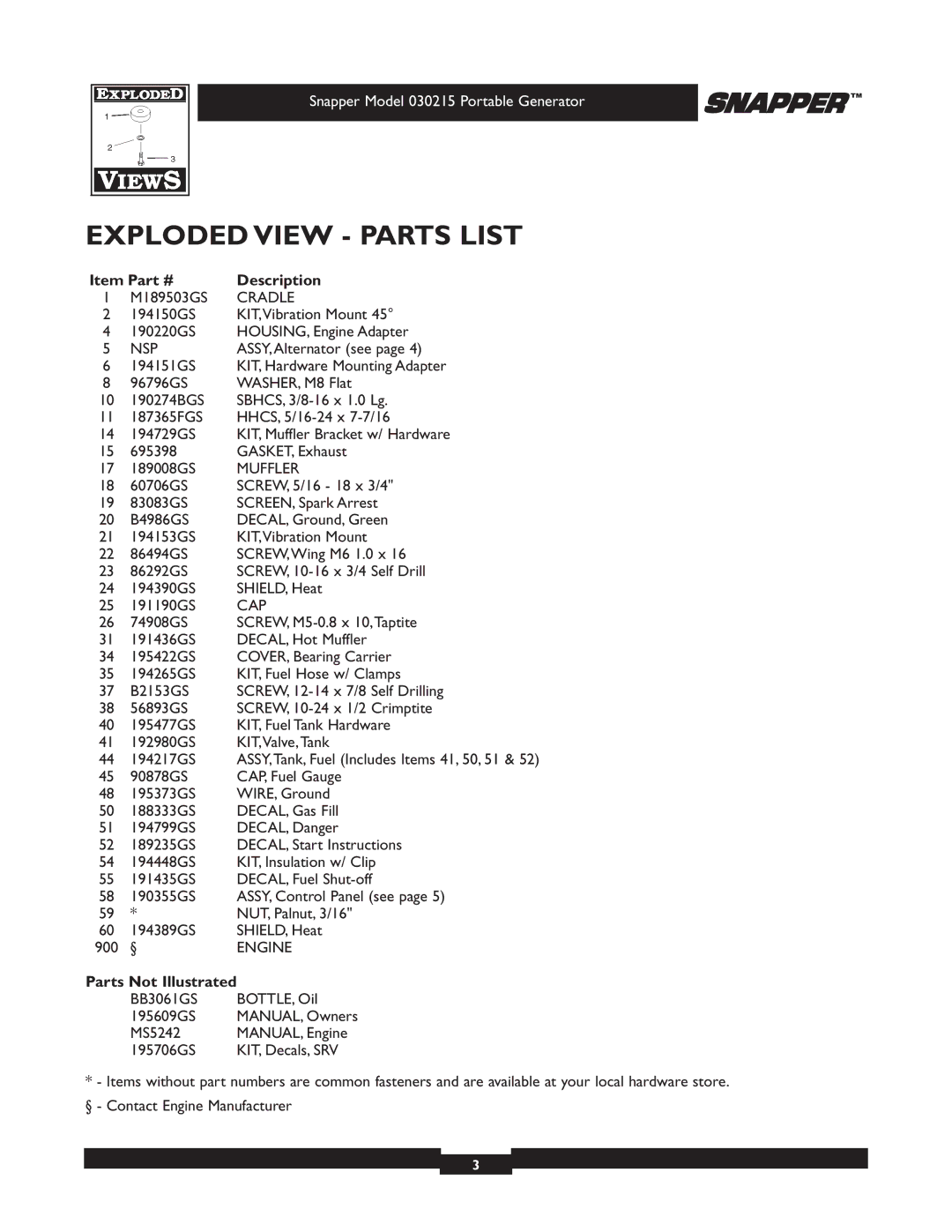 Snapper 5600 manual Exploded View Parts List 