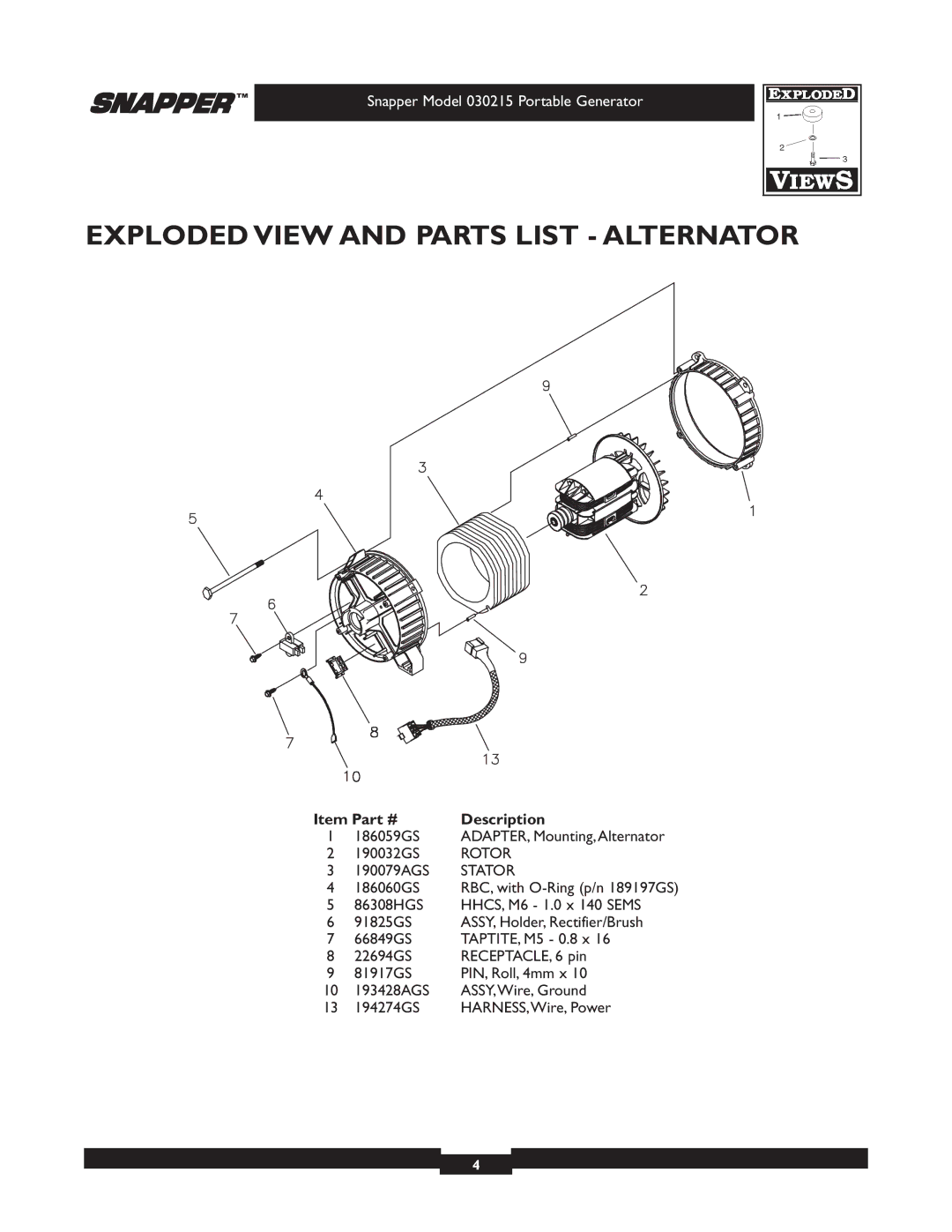 Snapper 5600 manual Exploded View and Parts List Alternator, Rotor, Stator 