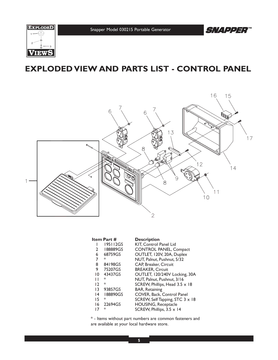 Snapper 5600 manual Exploded View and Parts List Control Panel 