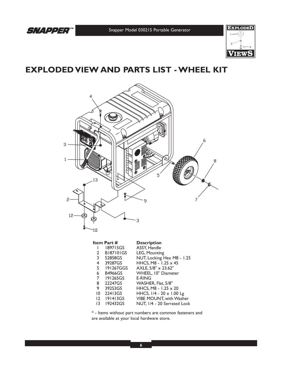 Snapper 5600 manual Exploded View and Parts List Wheel KIT, Ring 