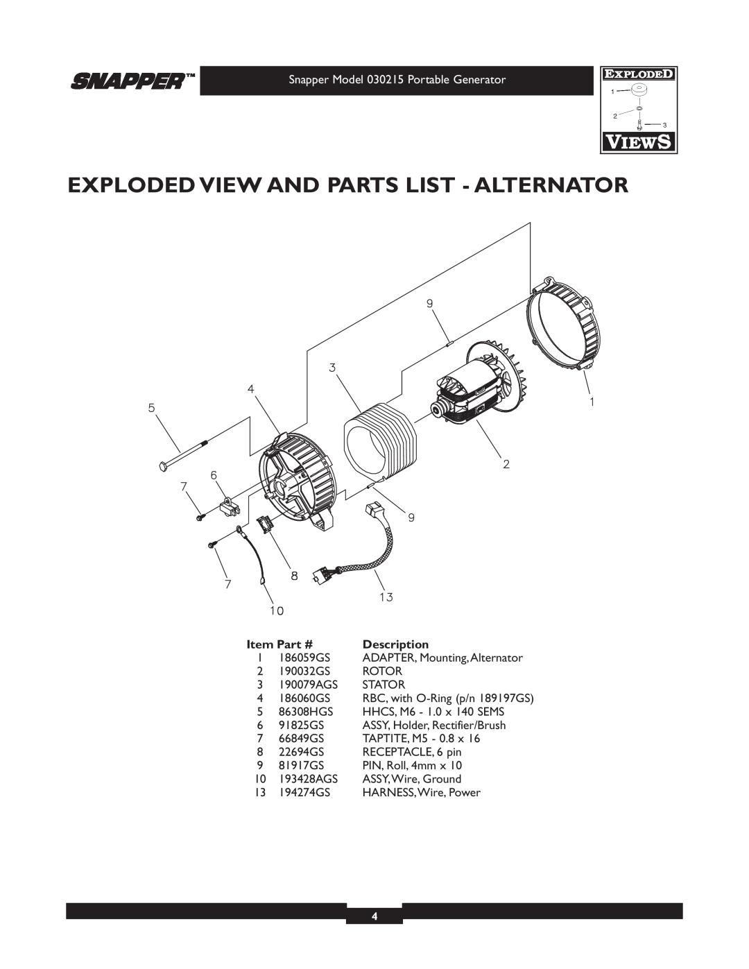 Snapper 5600 manual Exploded View And Parts List - Alternator, Snapper Model 030215 Portable Generator, Description 