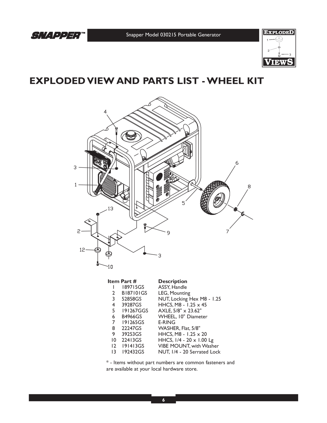 Snapper 5600 manual Exploded View And Parts List - Wheel Kit, Snapper Model 030215 Portable Generator, Description 