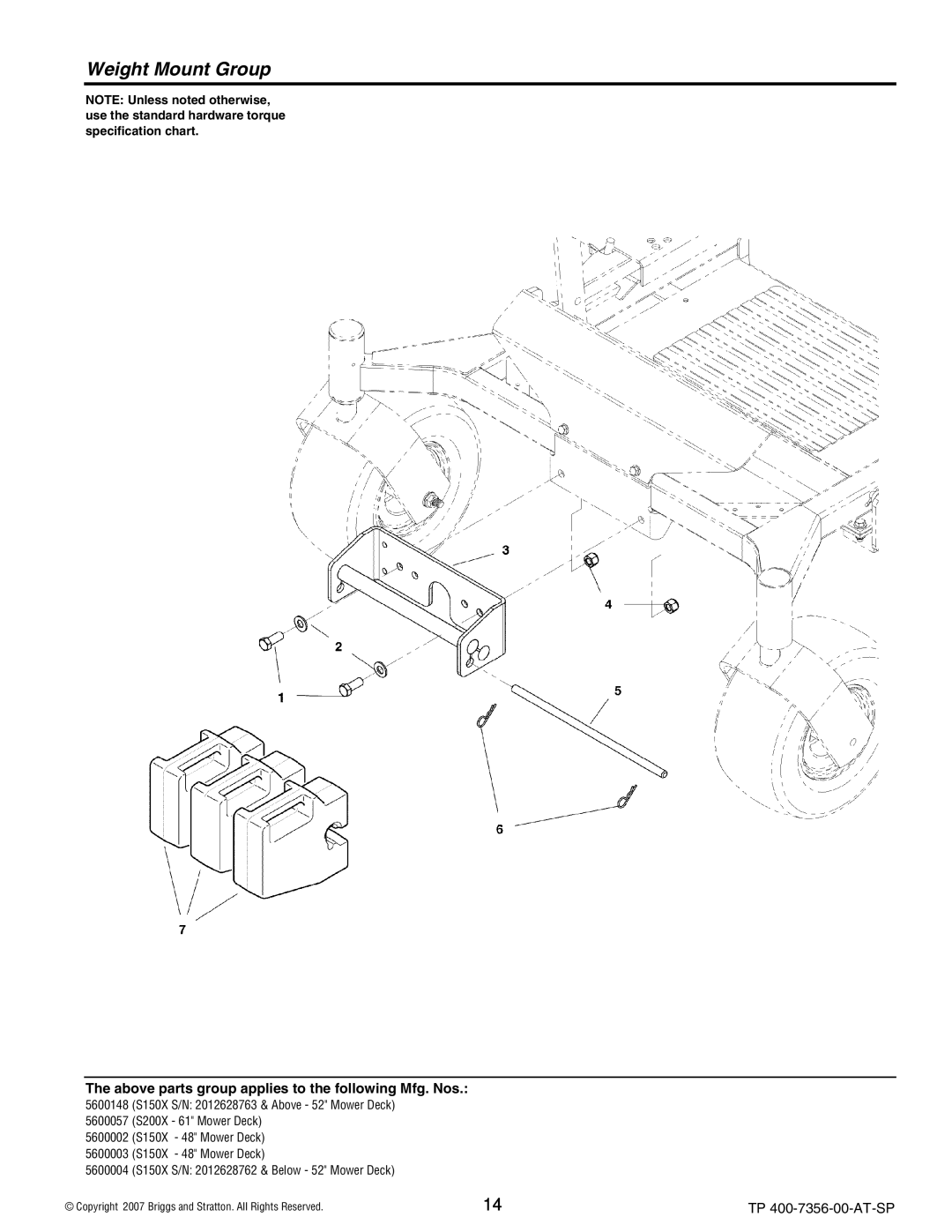 Snapper 5600148 manual Weight Mount Group 