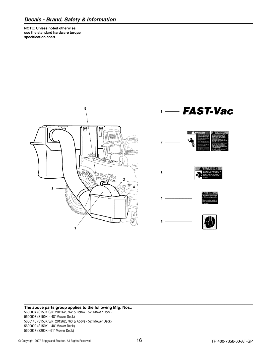 Snapper 5600148 manual Decals Brand, Safety & Information 