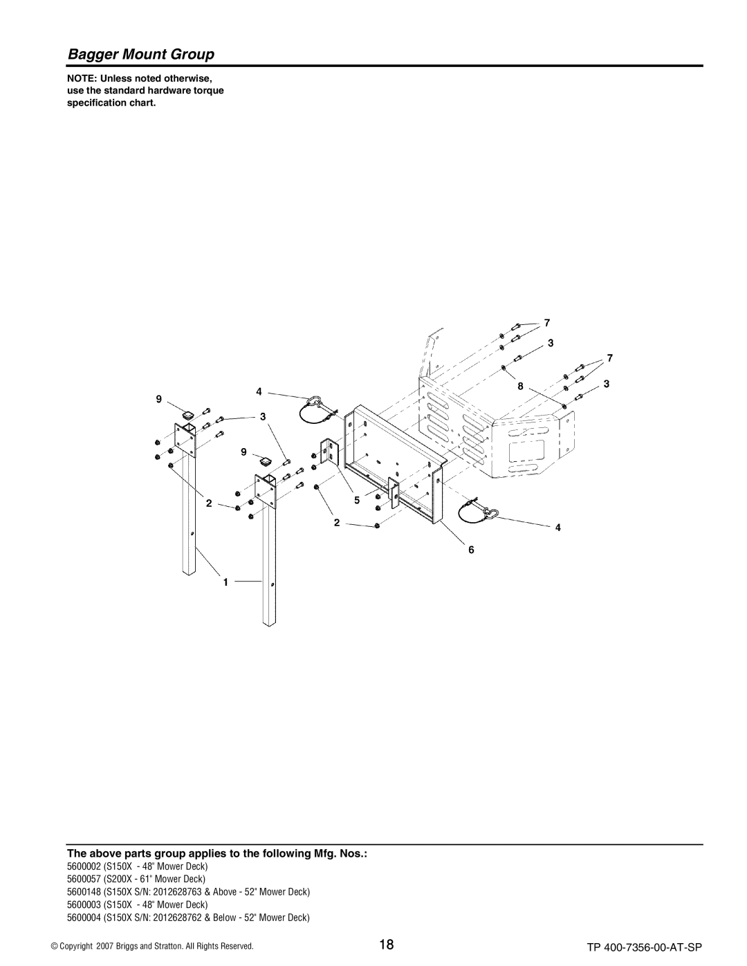 Snapper 5600148 manual Bagger Mount Group 