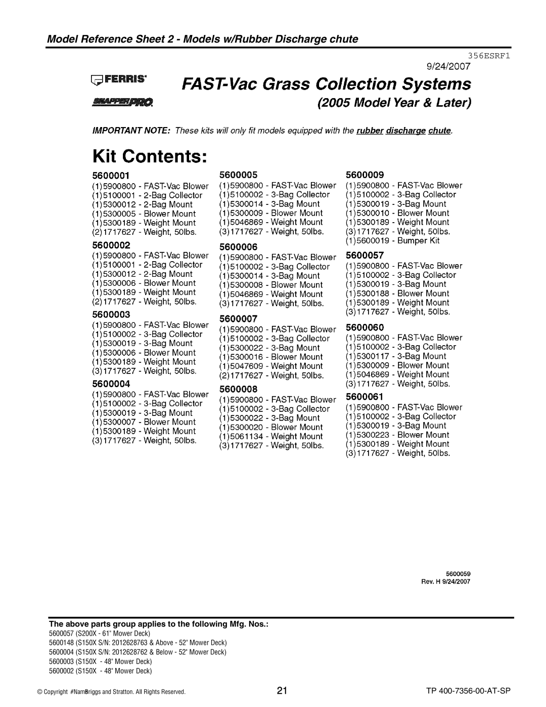 Snapper 5600148 manual Model Reference Sheet 2 Models w/Rubber Discharge chute, 356ESRF1 