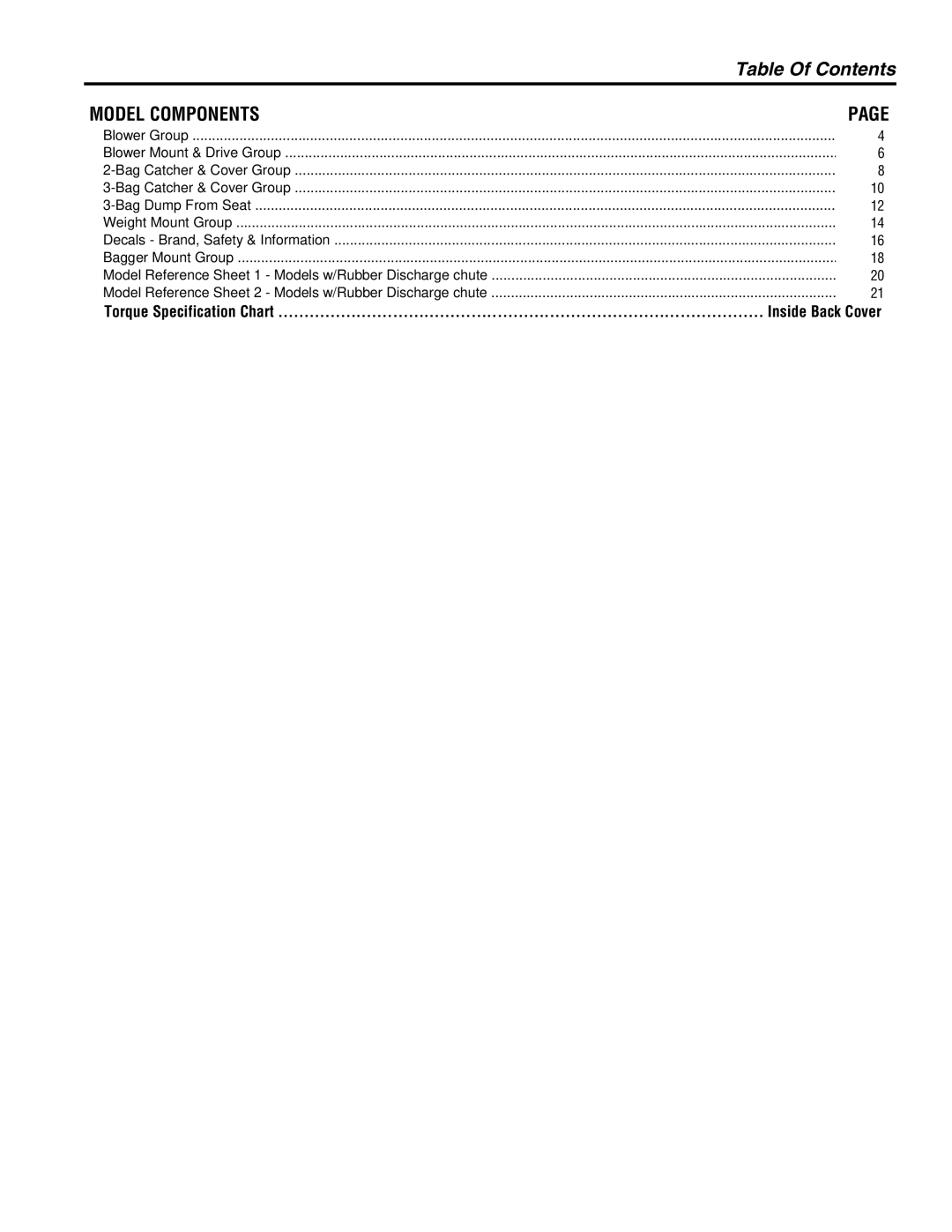 Snapper 5600148 manual Table Of Contents 