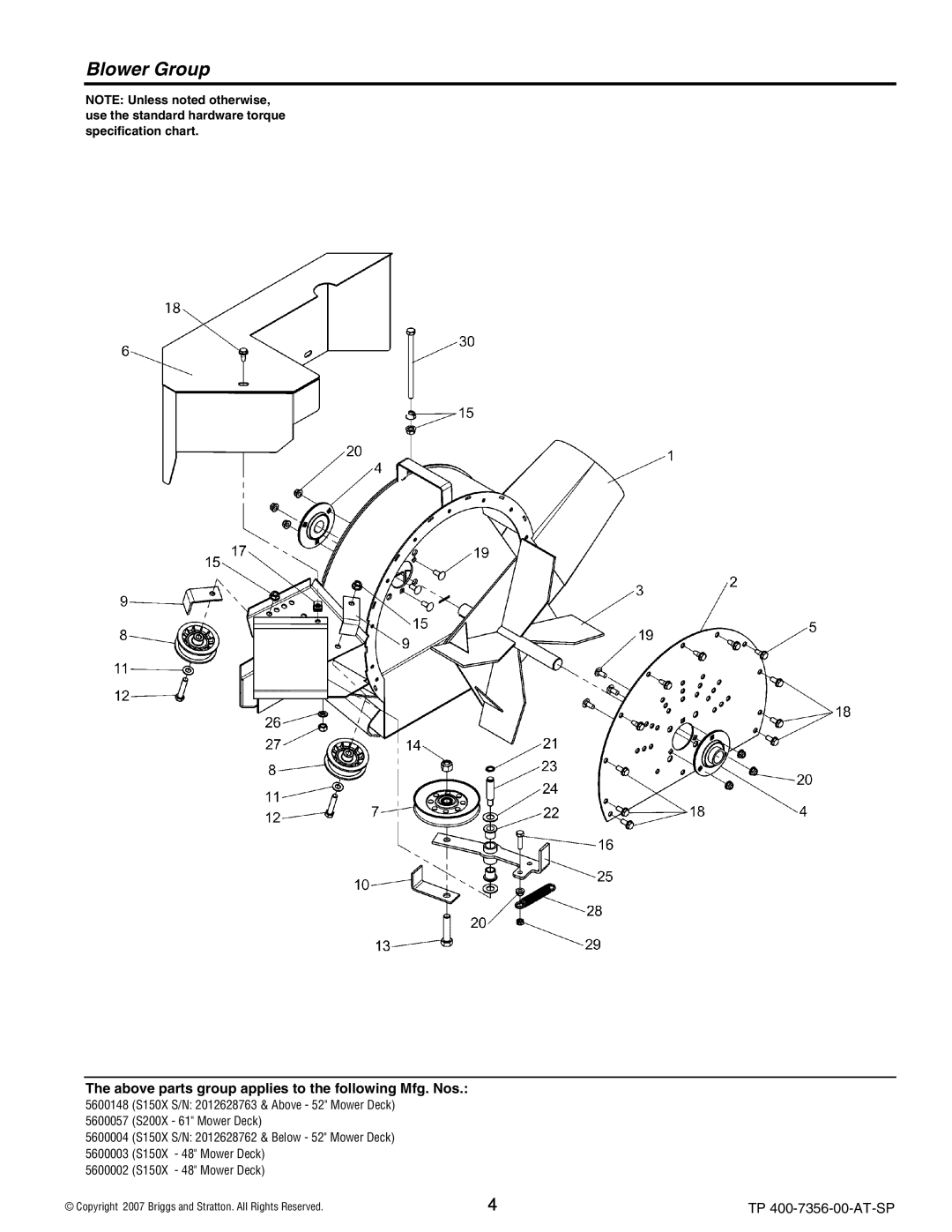 Snapper 5600148 manual Blower Group, Above parts group applies to the following Mfg. Nos 