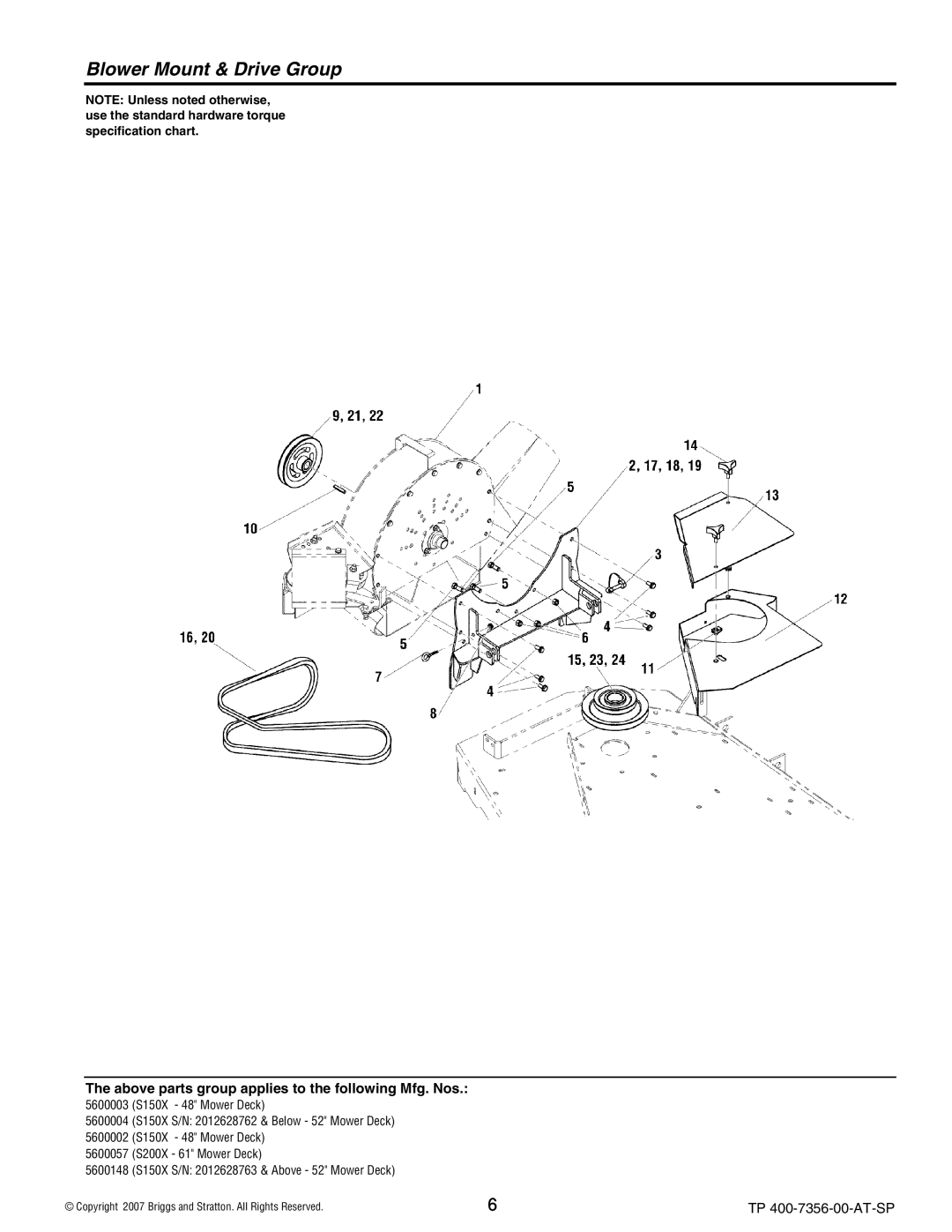 Snapper 5600148 manual Blower Mount & Drive Group, S200X 61 Mower Deck 