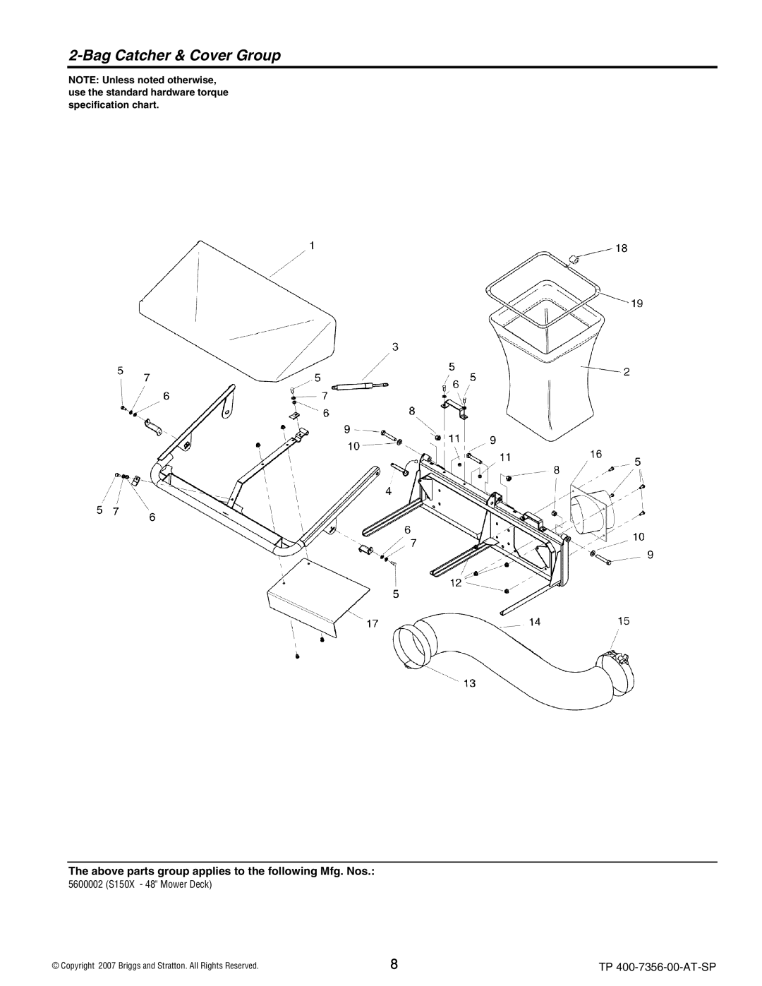 Snapper 5600148 manual Bag Catcher & Cover Group 