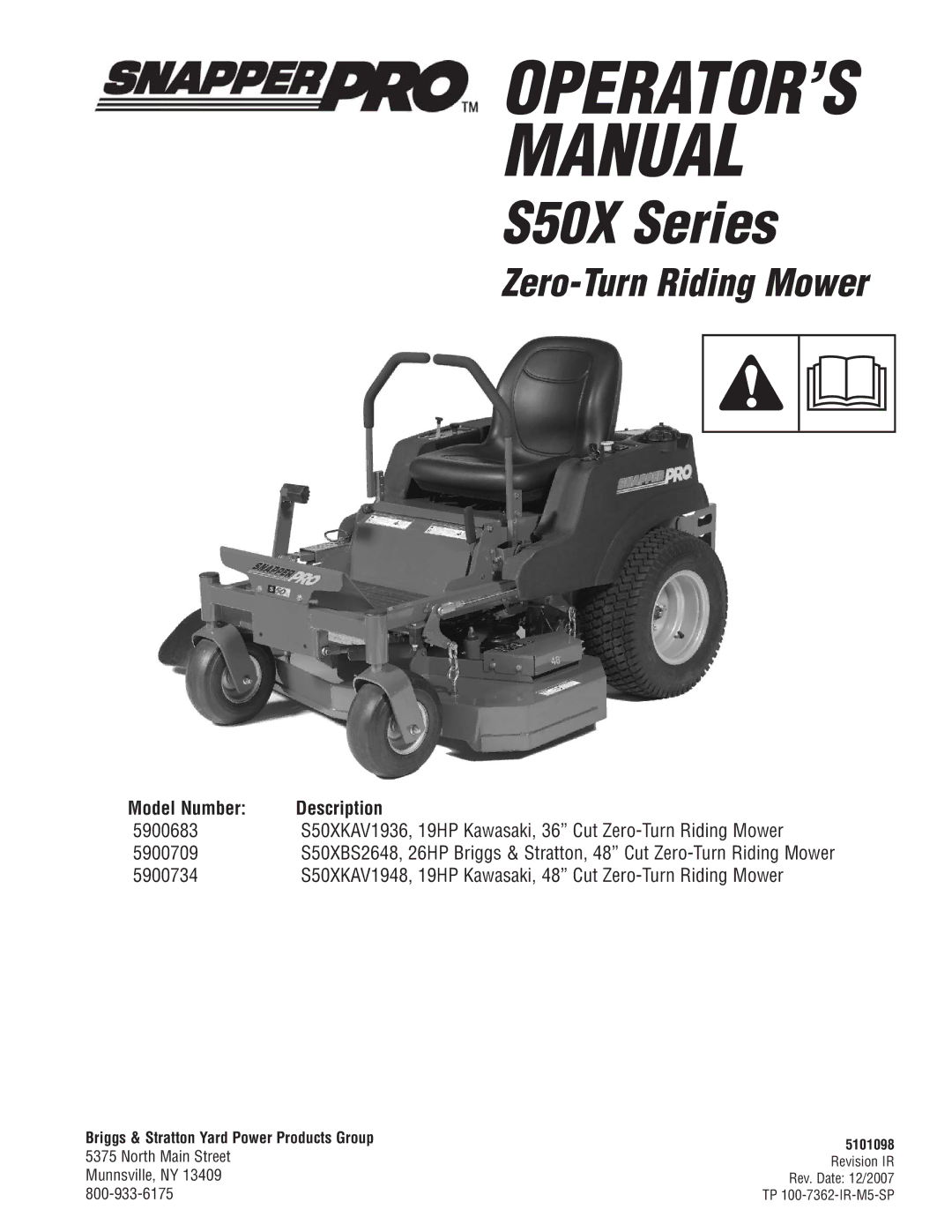 Snapper 5900683, 5900709, 5900734 manual Description, Model Number, Briggs & Stratton Yard Power Products Group 