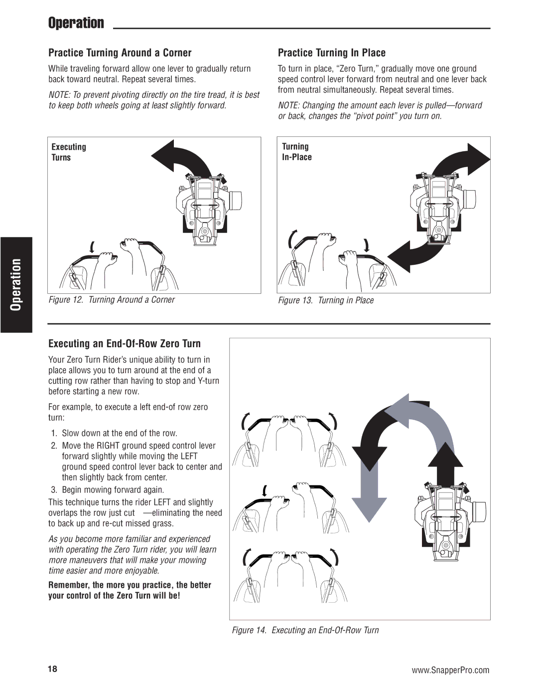 Snapper 5900683, 5900709, 5900734 manual Practice Turning Around a Corner, Practice Turning In Place, Executing Turns 