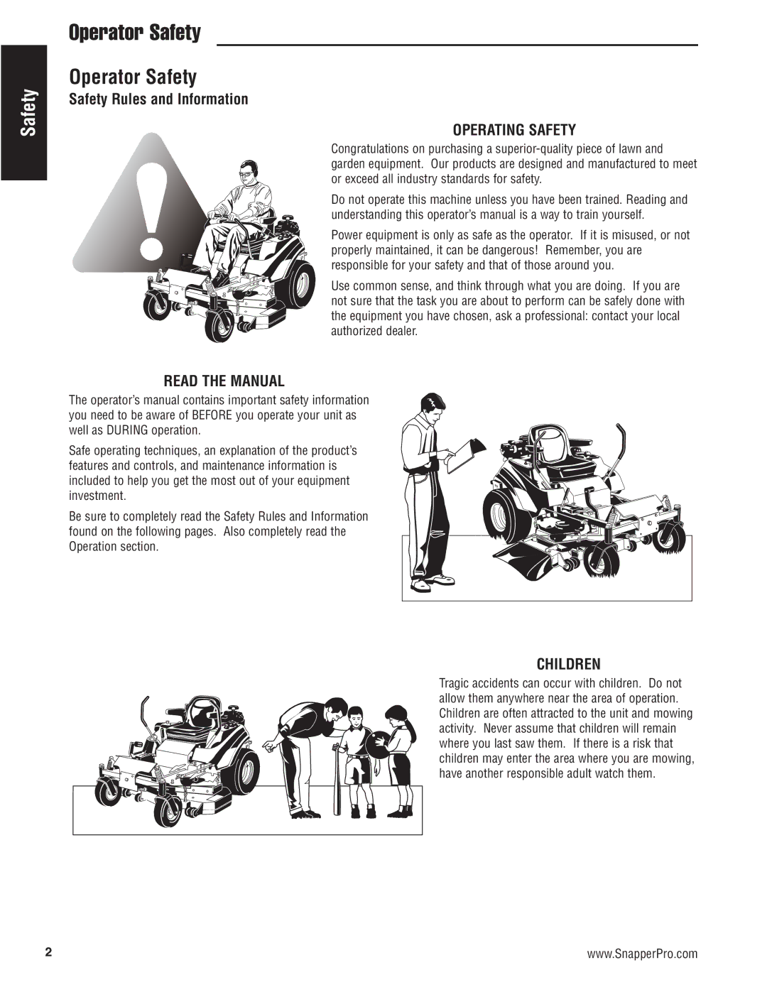 Snapper 5900683, 5900709, 5900734 manual Operator Safety, Operating Safety, Read the Manual, Children 