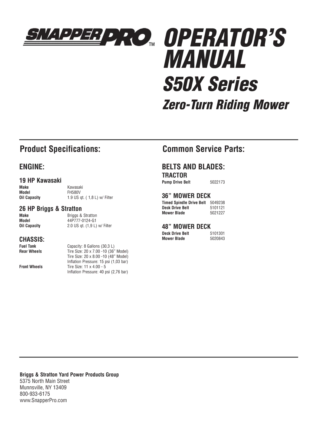 Snapper 5900683, 5900709, 5900734 manual Product Specifications, Common Service Parts, HP Kawasaki, Tractor, Mower Deck 