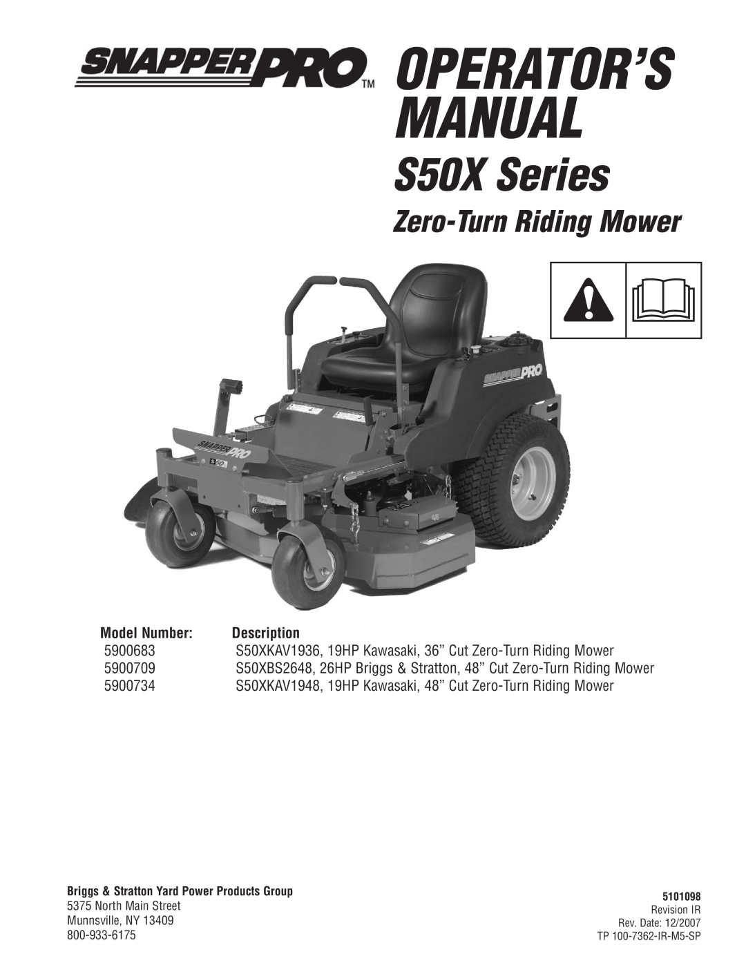 Snapper 5900683, 5900709, 5900734 manual Operator’S Manual, S50X Series, Zero-Turn Riding Mower, Model Number, 5101098 