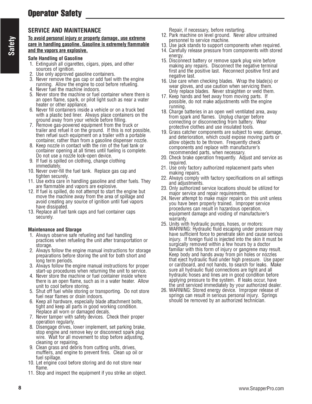 Snapper 5900686, 5900696, 5900697, 5900665 manual Service and Maintenance, Safe Handling of Gasoline, Maintenance and Storage 