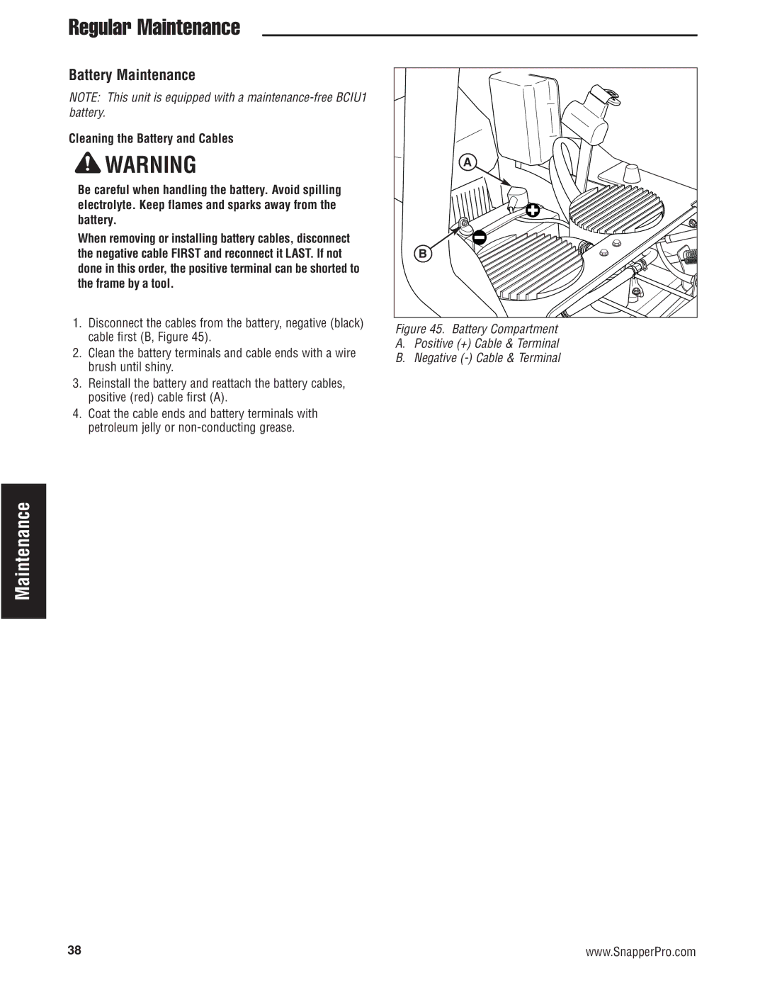 Snapper 5900686, 5900696, 5900697, 5900665, S150X Series manual Battery Maintenance 