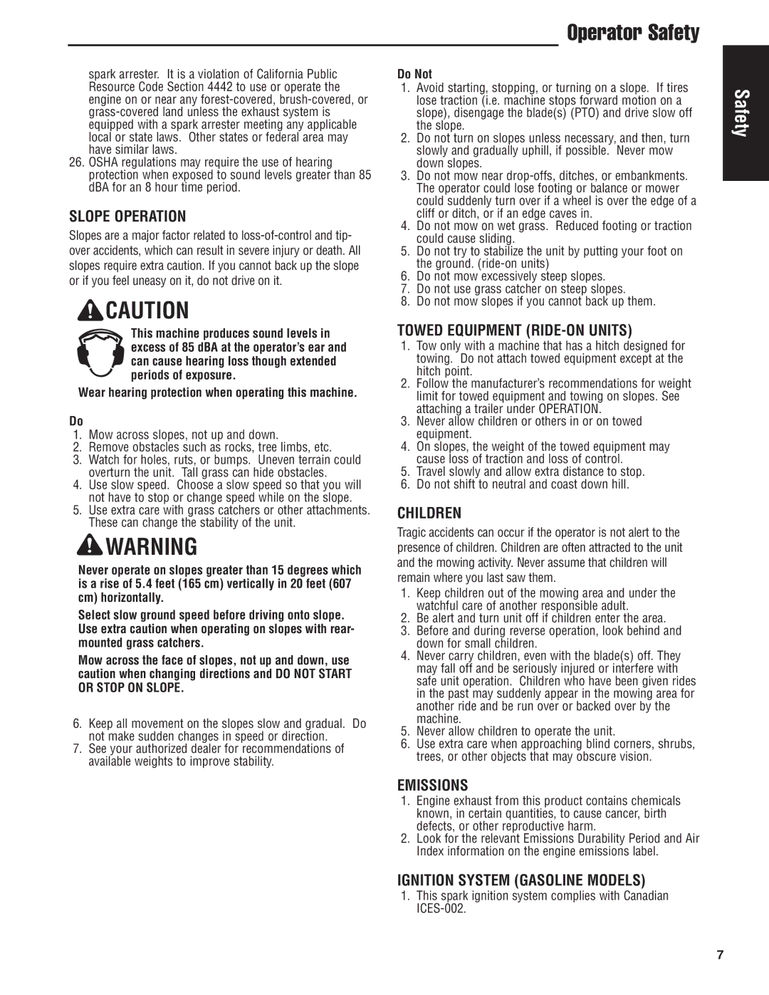 Snapper S150X Series manual Towed Equipment RIDE-ON Units, Emissions, Ignition System Gasoline Models, Periods of exposure 