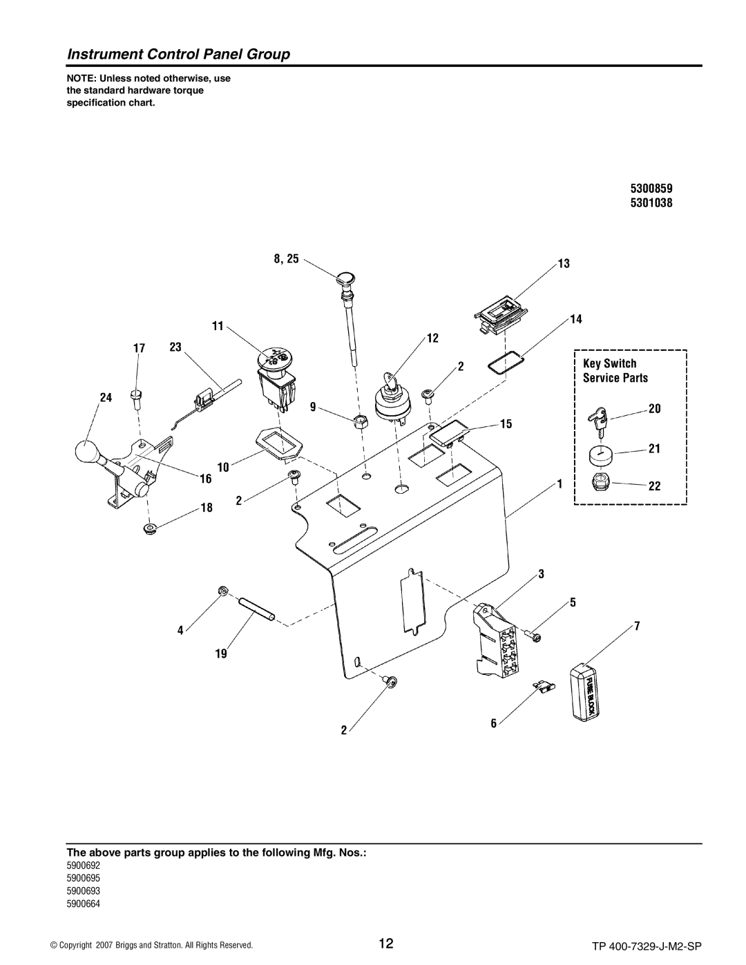 Snapper 5900695), 5900664, 5900692, S200X, 5900693 manual Instrument Control Panel Group 