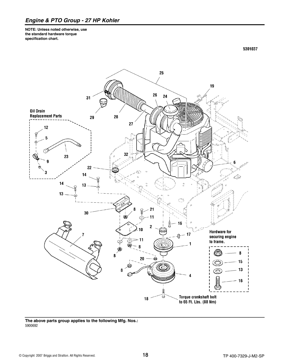 Snapper 5900692, 5900695), 5900664, S200X, 5900693 manual Engine & PTO Group 27 HP Kohler 