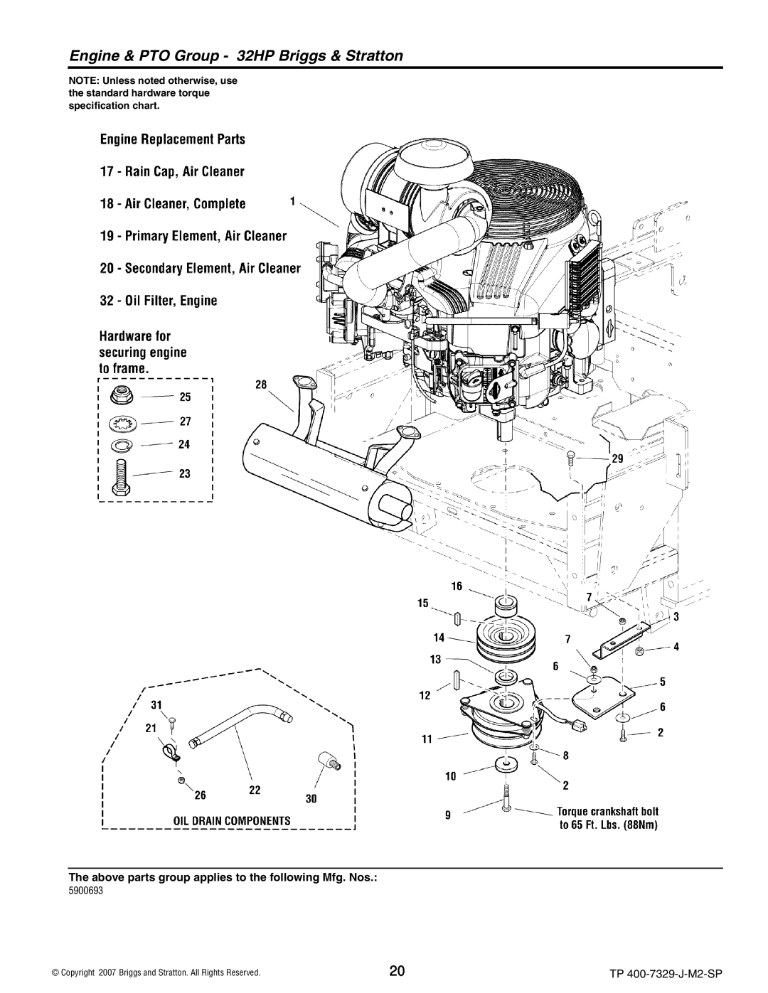 Snapper 5900695), 5900664, 5900692, S200X, 5900693 manual Engine & PTO Group 32HP Briggs & Stratton 