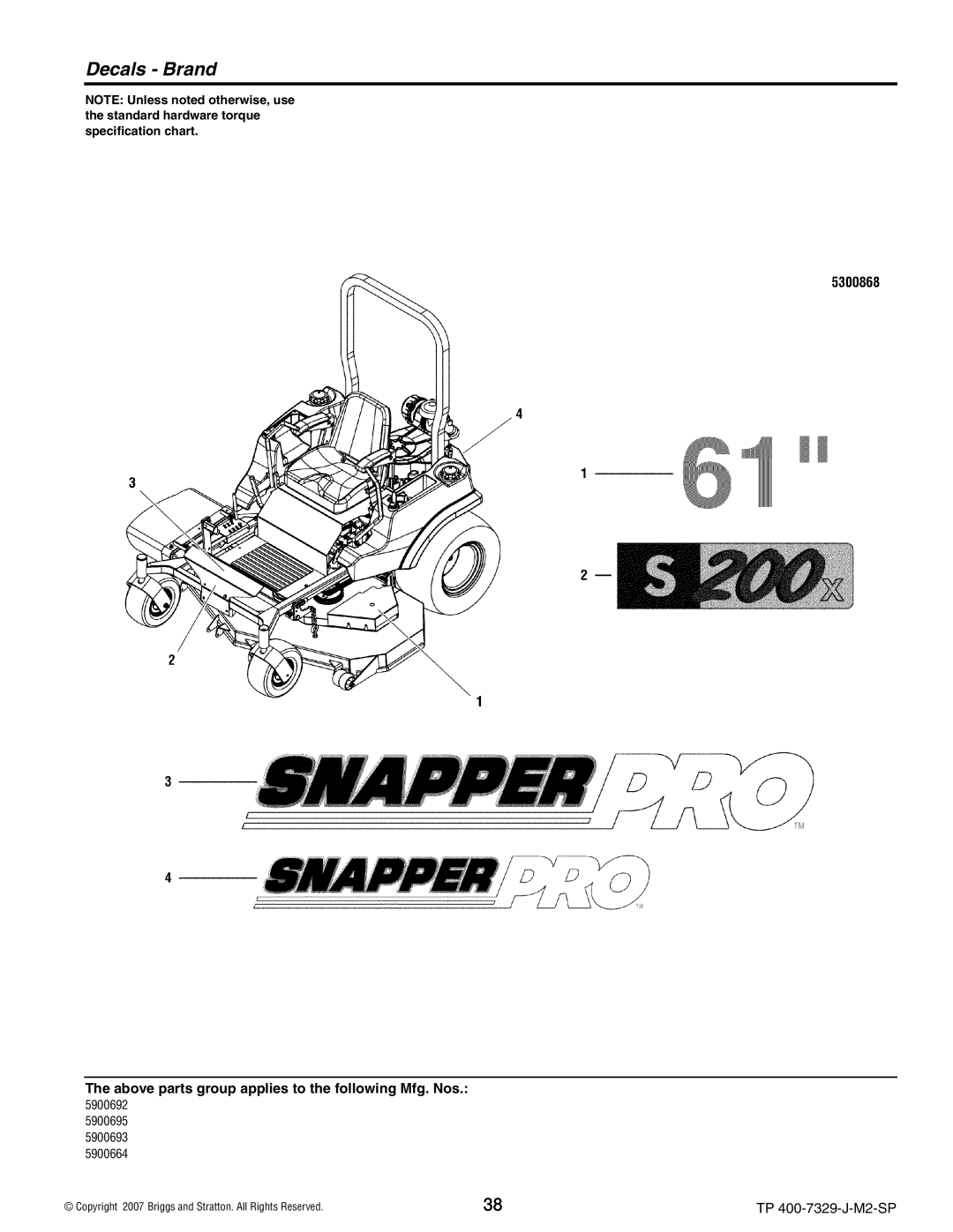 Snapper 5900692, 5900695), 5900664, S200X, 5900693 manual Decals Brand 