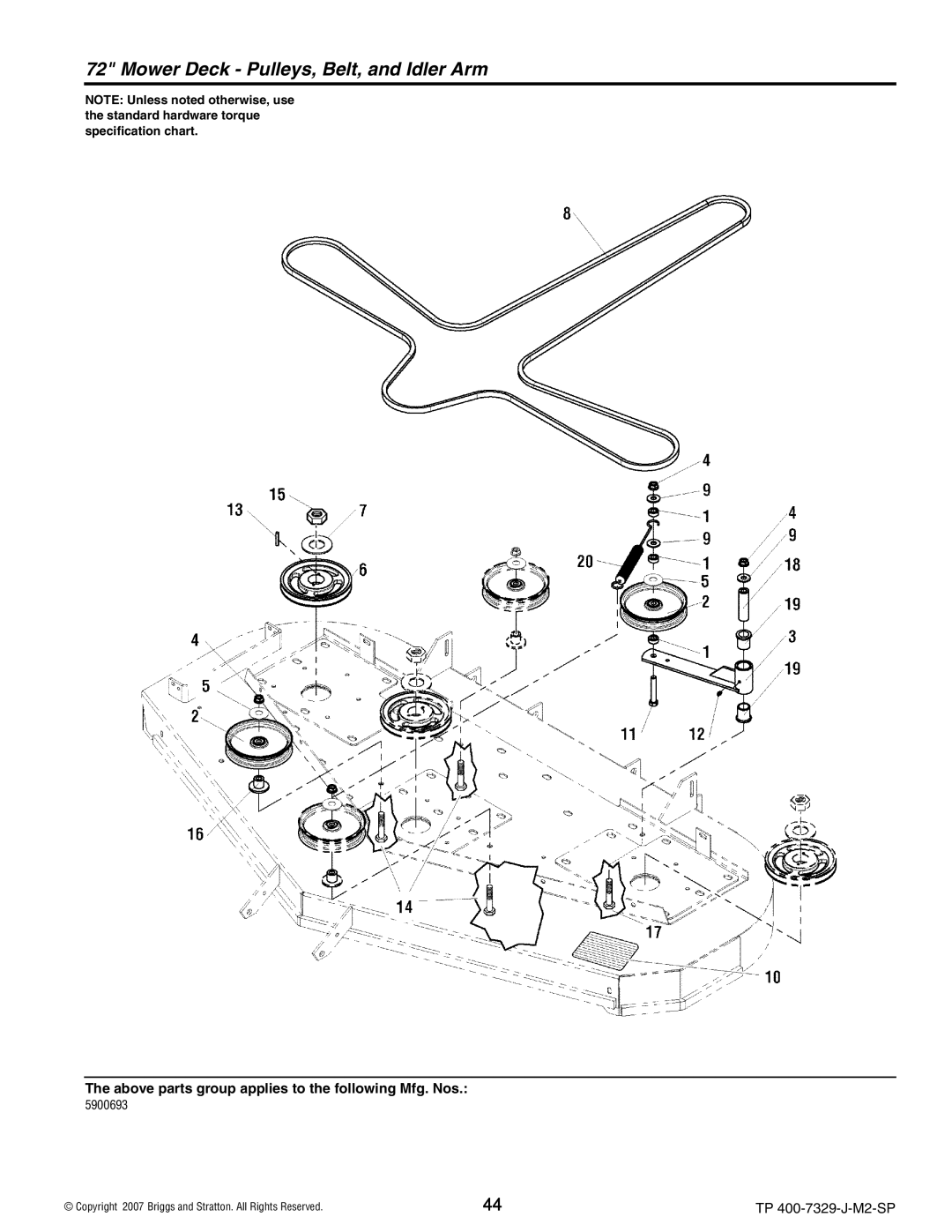 Snapper 5900695), 5900664, 5900692, S200X, 5900693 manual Mower Deck Pulleys, Belt, and Idler Arm 