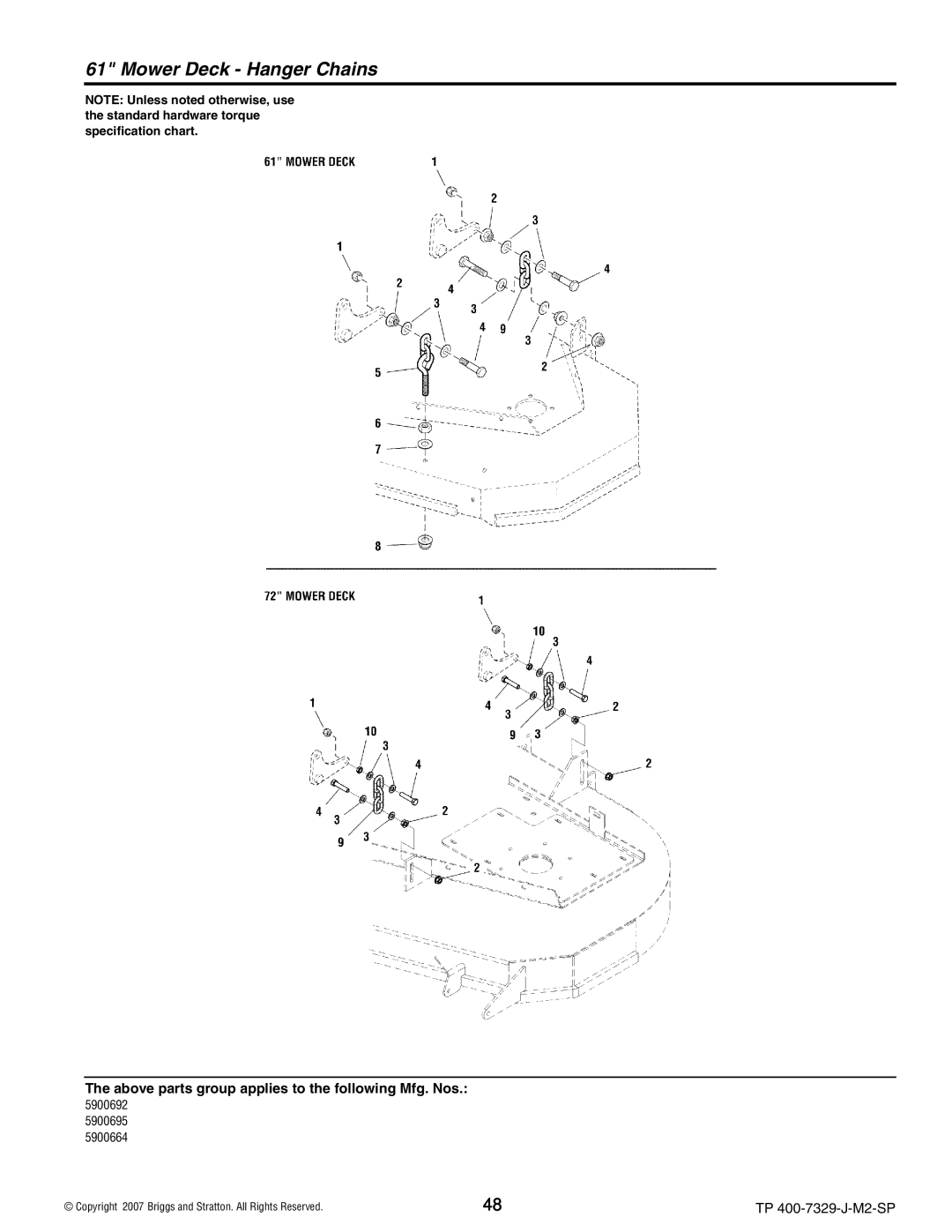 Snapper 5900695), 5900664, 5900692, S200X, 5900693 manual Mower Deck Hanger Chains 