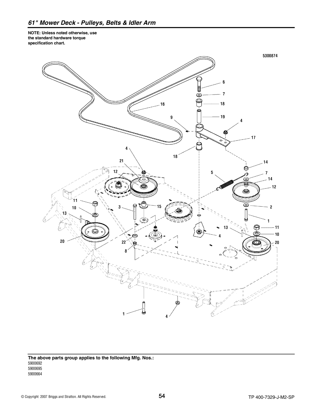 Snapper 5900692, 5900695), 5900664, S200X, 5900693 manual Mower Deck Pulleys, Belts & Idler Arm 