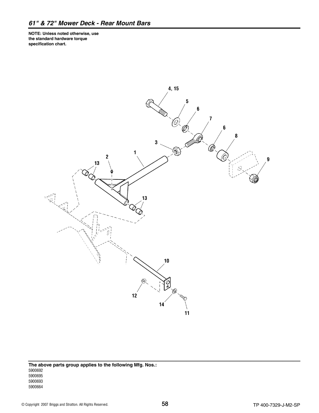 Snapper 5900692, 5900695), 5900664, S200X, 5900693 manual 61 & 72 Mower Deck Rear Mount Bars 