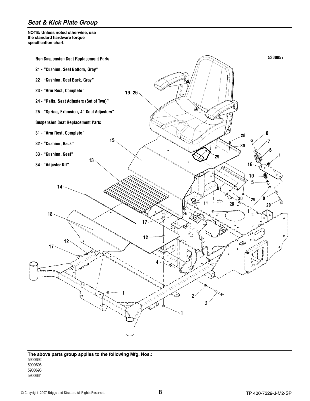 Snapper 5900695), 5900664, 5900692, S200X, 5900693 manual Seat & Kick Plate Group 