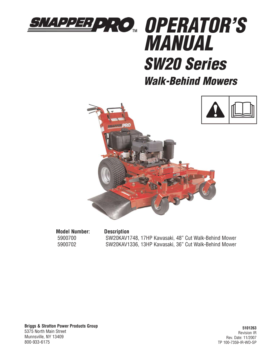 Snapper 5900700 manual Description, Model Number, Briggs & Stratton Power Products Group 