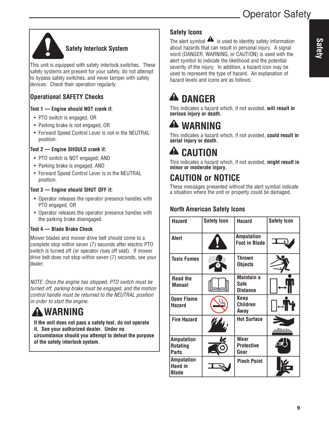 Snapper 5900700 manual Safety Interlock System, Operational Safety Checks, North American Safety Icons 