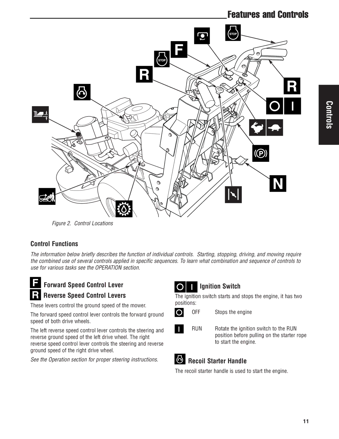 Snapper 5900700 manual Features and Controls, Control Functions, Forward Speed Control Lever Reverse Speed Control Levers 