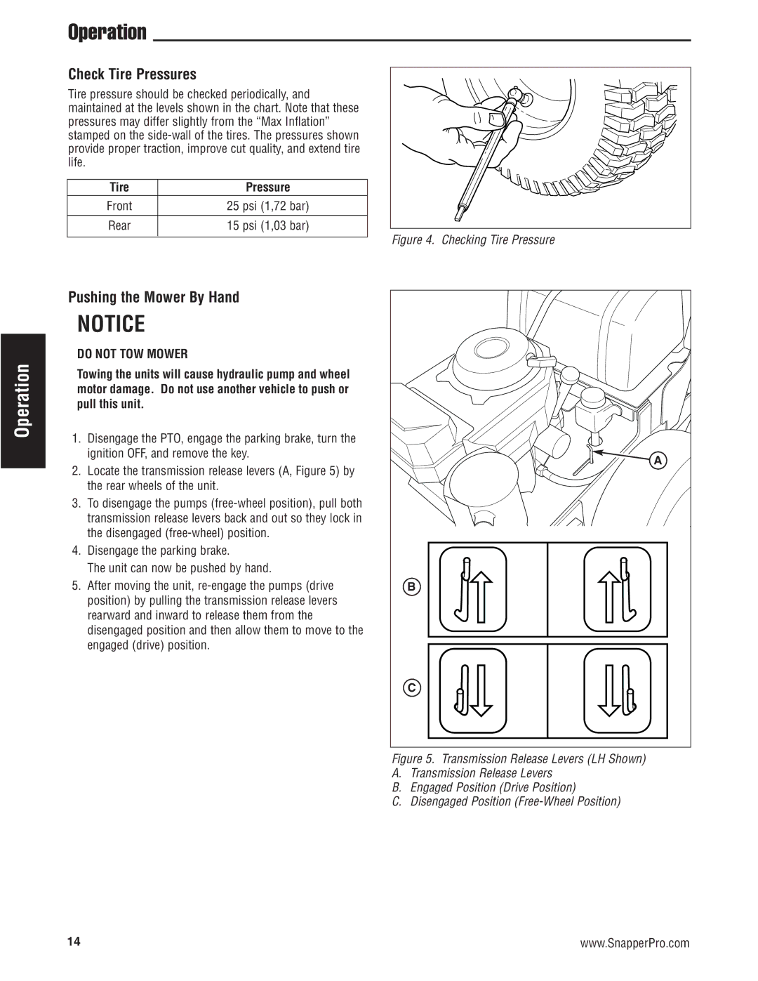 Snapper 5900700 manual Check Tire Pressures, Pushing the Mower By Hand 