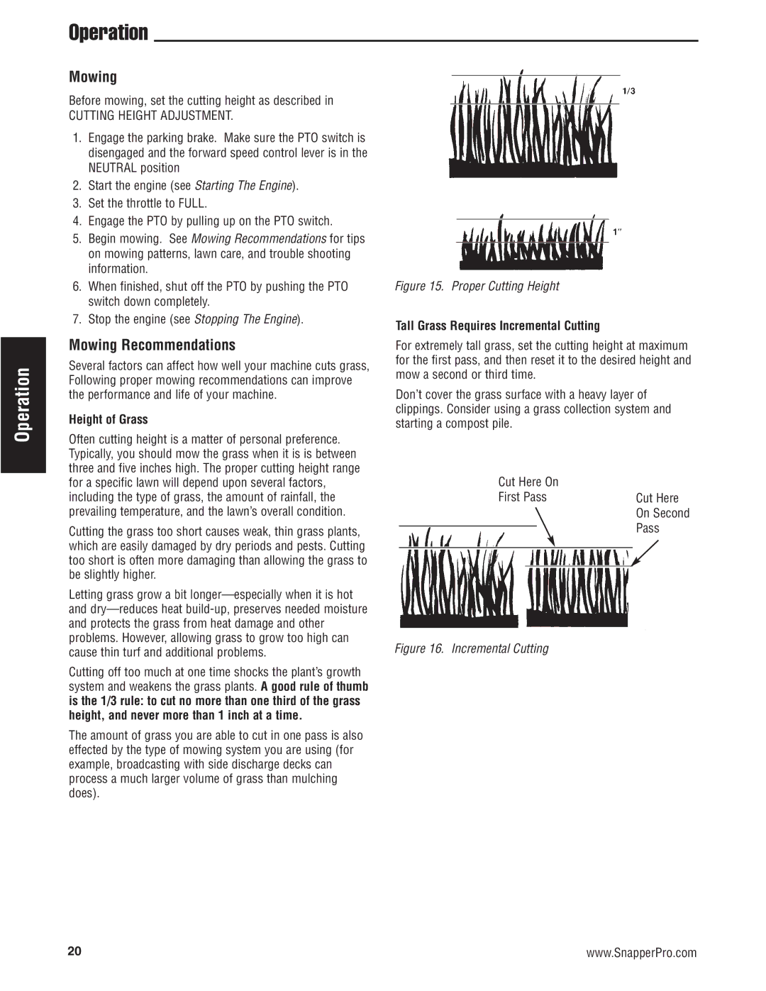 Snapper 5900700 manual Mowing Recommendations, Height of Grass, Tall Grass Requires Incremental Cutting 