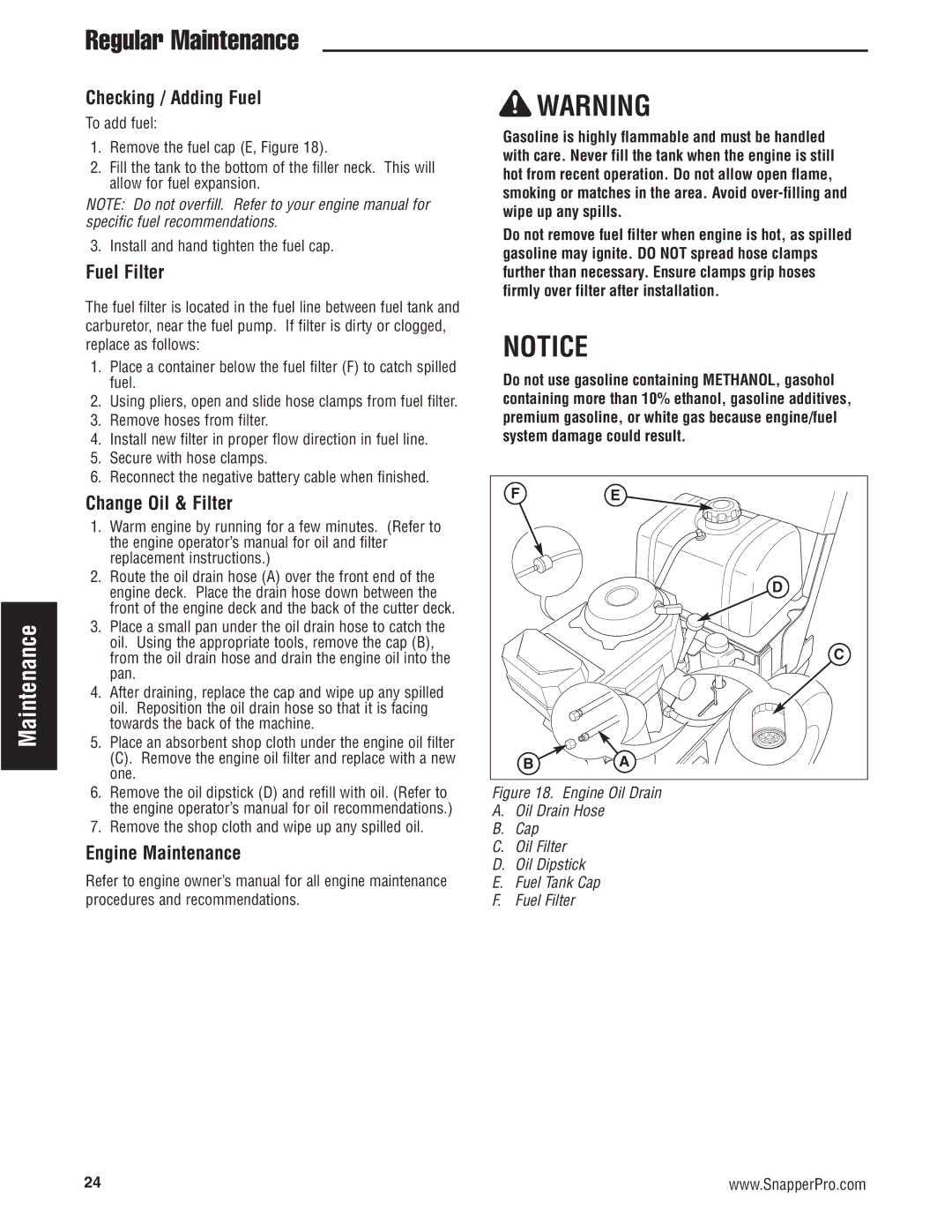 Snapper 5900700 manual Regular Maintenance, Checking / Adding Fuel, Fuel Filter, Change Oil & Filter, Engine Maintenance 