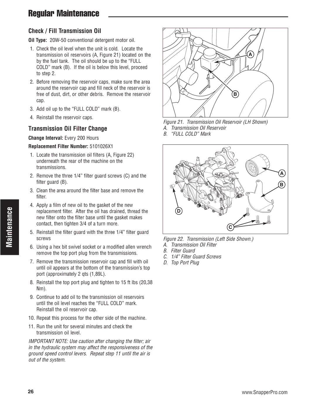 Snapper 5900700 manual Check / Fill Transmission Oil, Transmission Oil Filter Change 