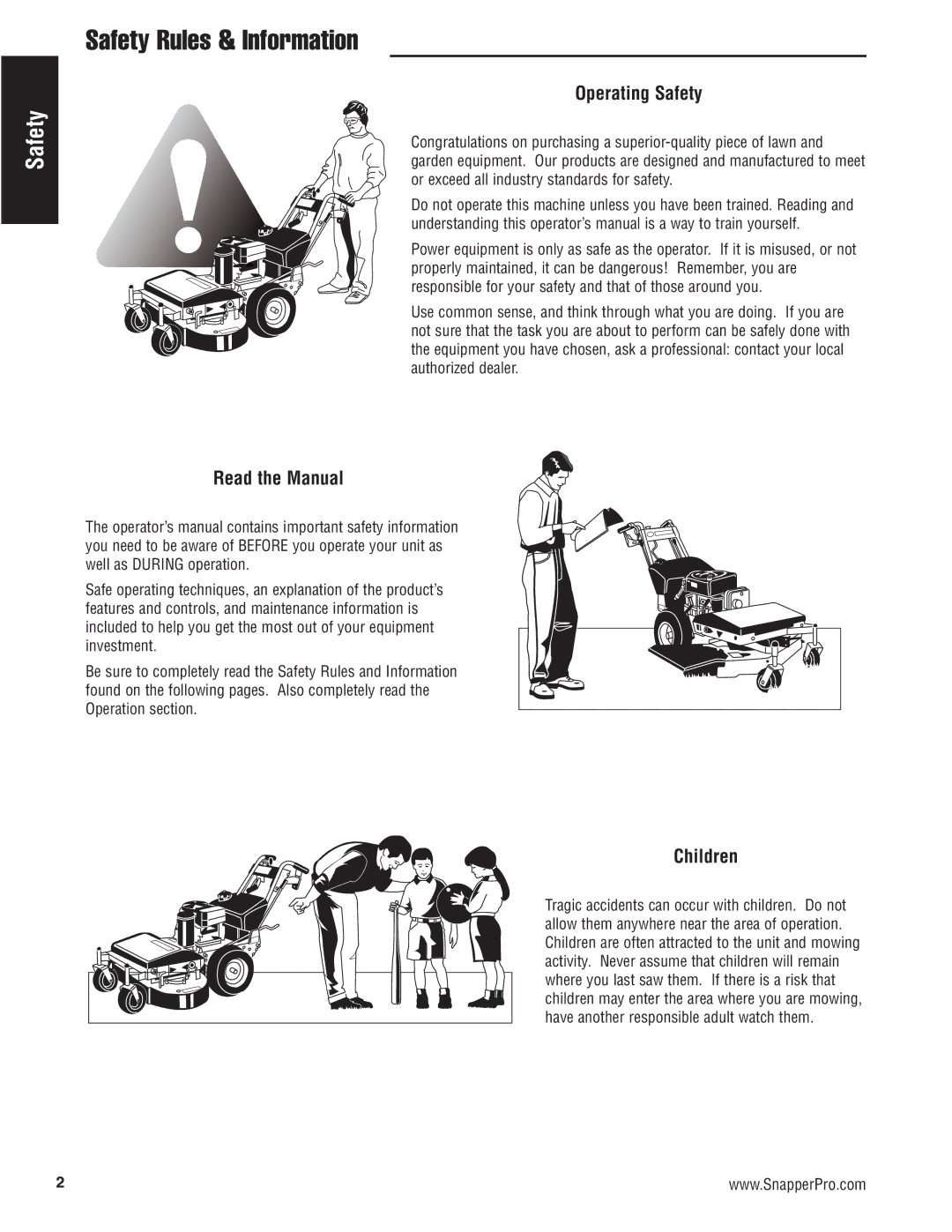 Snapper 5900700 manual Operating Safety, Read the Manual, Children 