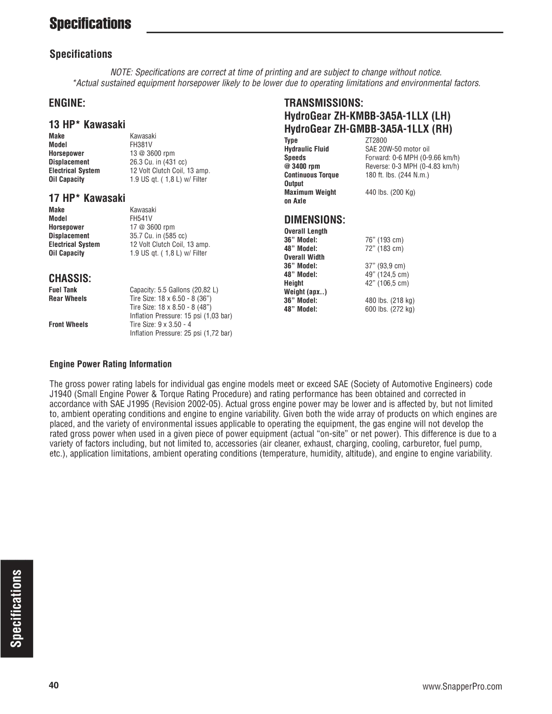 Snapper 5900700 manual Specifications, 13 HP* Kawasaki, 17 HP* Kawasaki, Engine Power Rating Information 