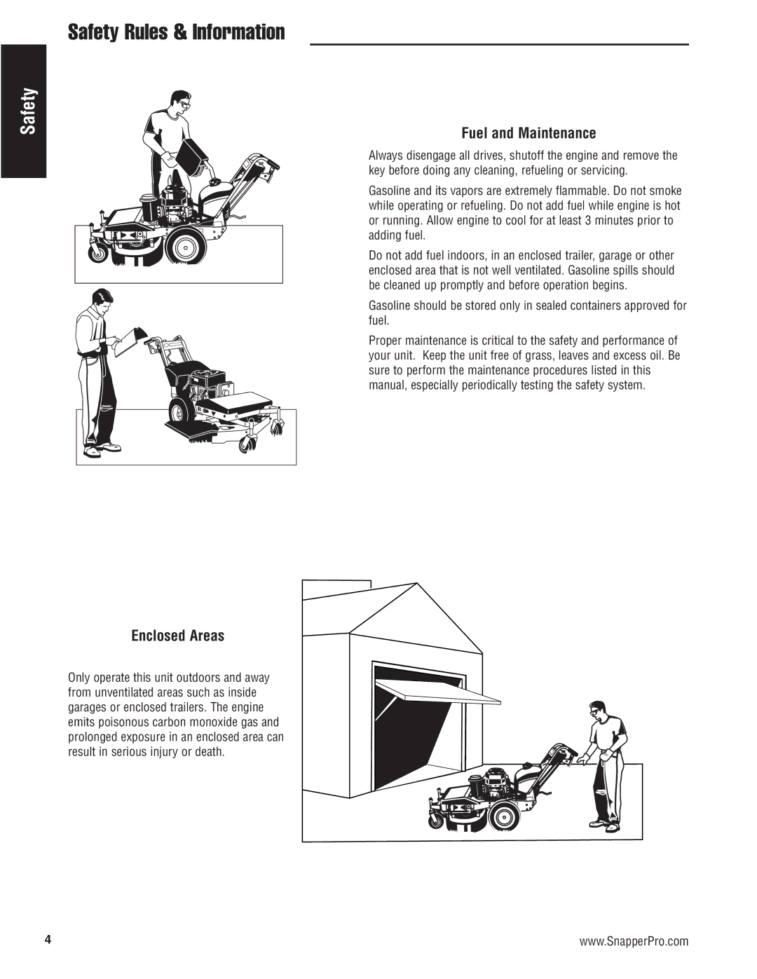 Snapper 5900700 manual Fuel and Maintenance, Enclosed Areas 