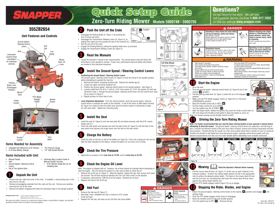 Snapper 5900752 specifications Unit Features and Controls Push the Unit off the Crate, Read the Manuals, Start the Engine 