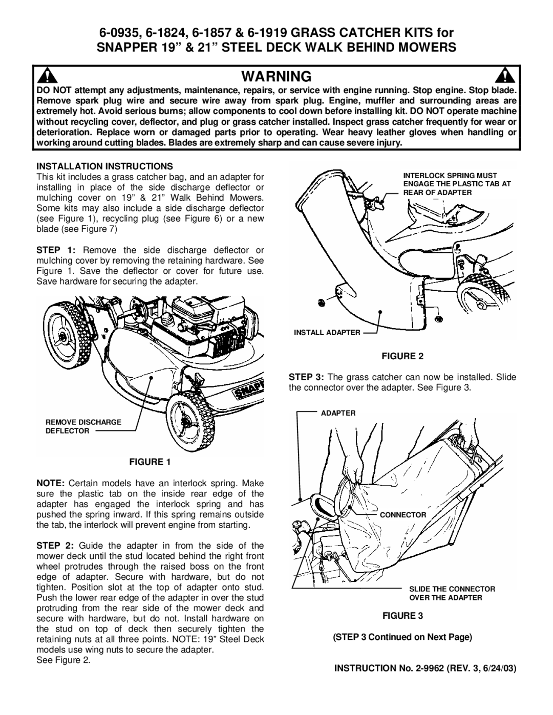 Snapper 19-Jun, 6-0935 installation instructions Snapper 19 & 21 Steel Deck Walk Behind Mowers, Installation Instructions 